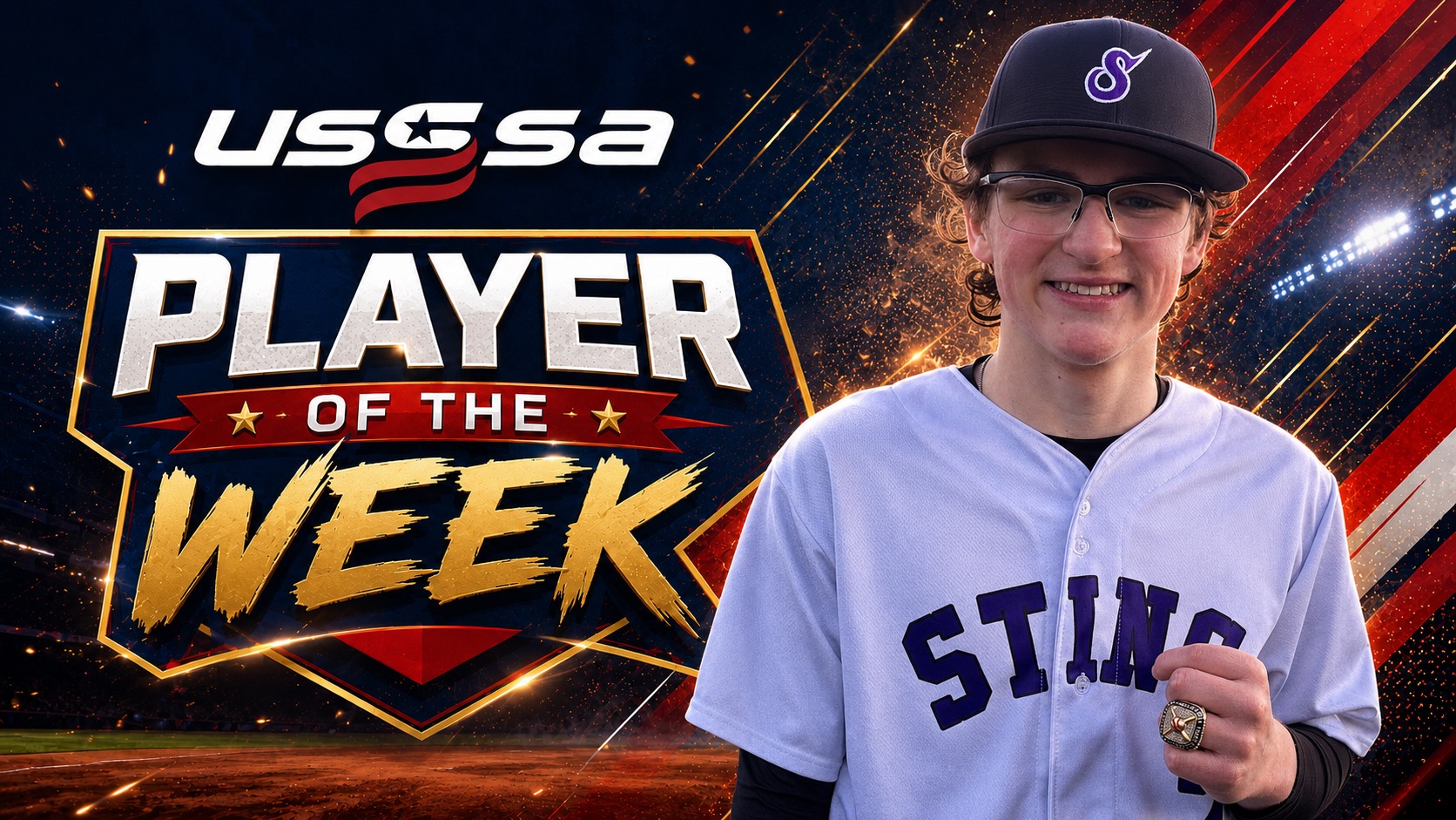 Hunter Klaehn, USSSA Player of the Week, wearing his Sting jersey.