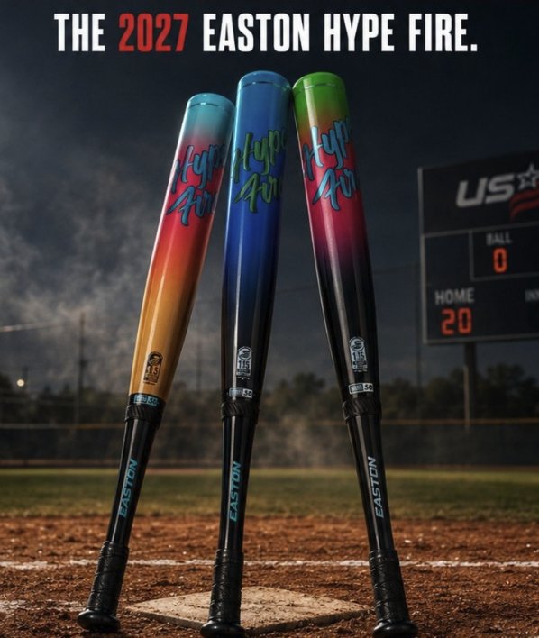 The 2027 Easton Hype Fire — three color options lined up on a baseball diamond.